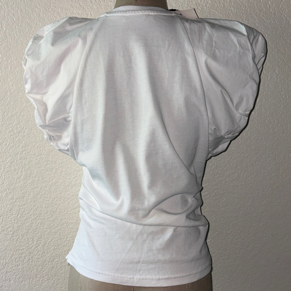 Zara White Puff Short Sleeve Crewneck Top - Picture 2 of 6